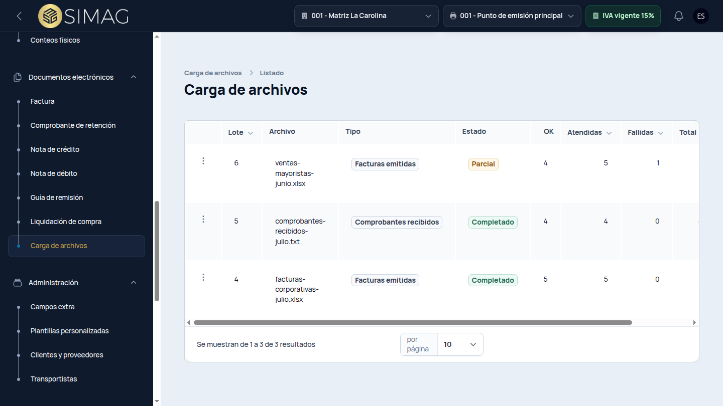 Historial real de cargas de archivos procesadas en SIMAG