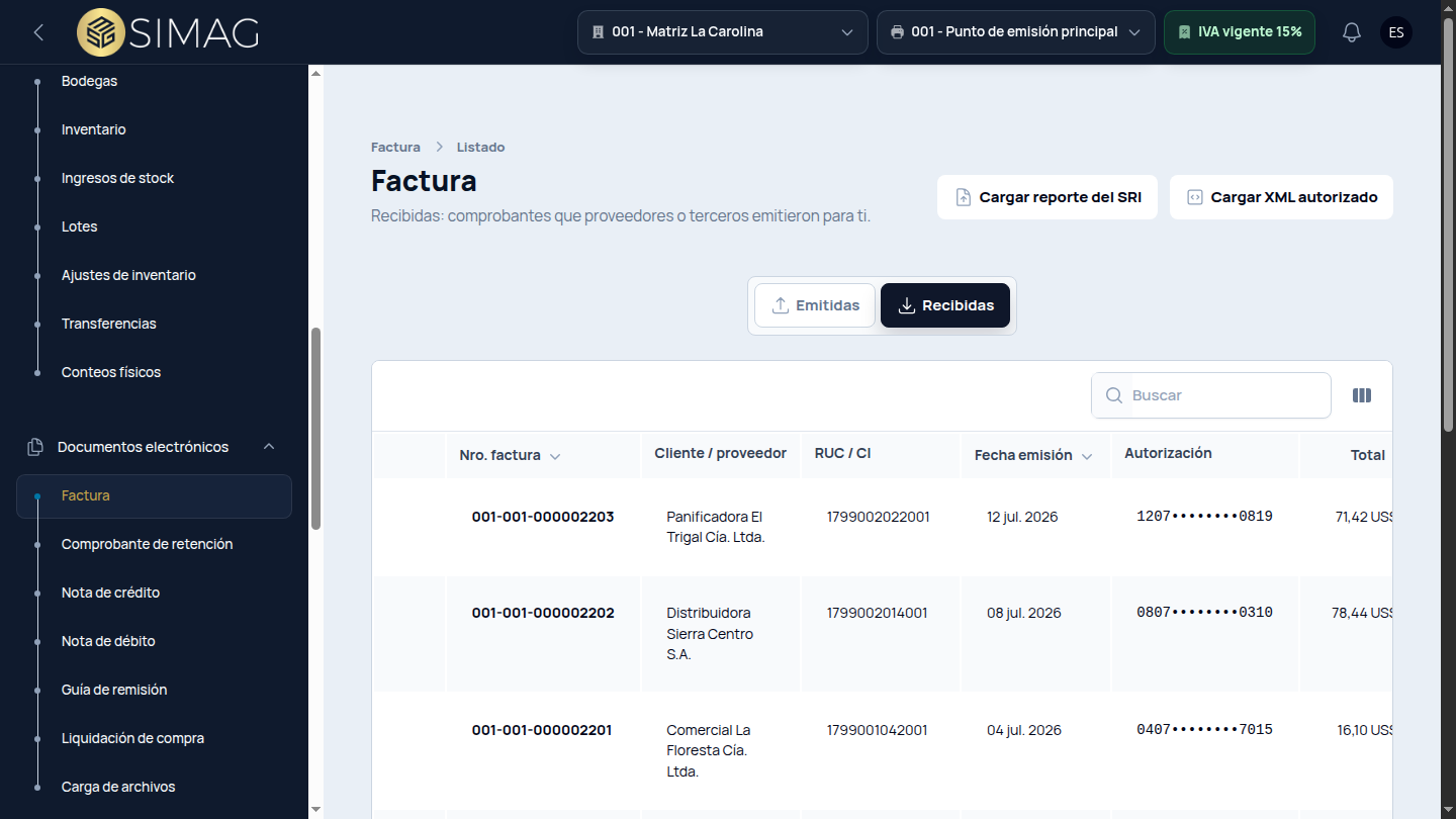 Listado real de comprobantes recibidos y compras registradas en SIMAG