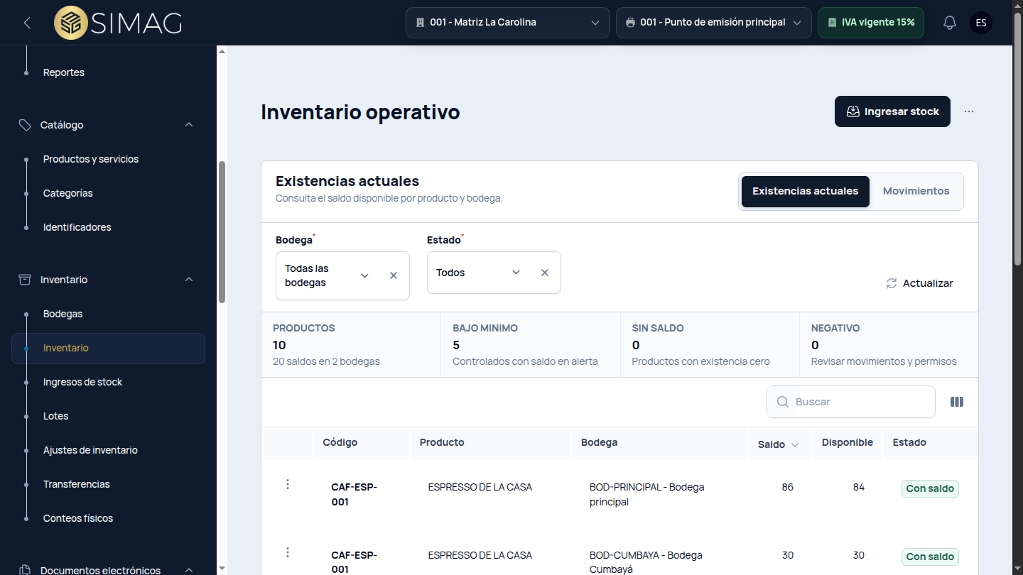 Vista real del inventario operativo de SIMAG con existencias por producto y bodega