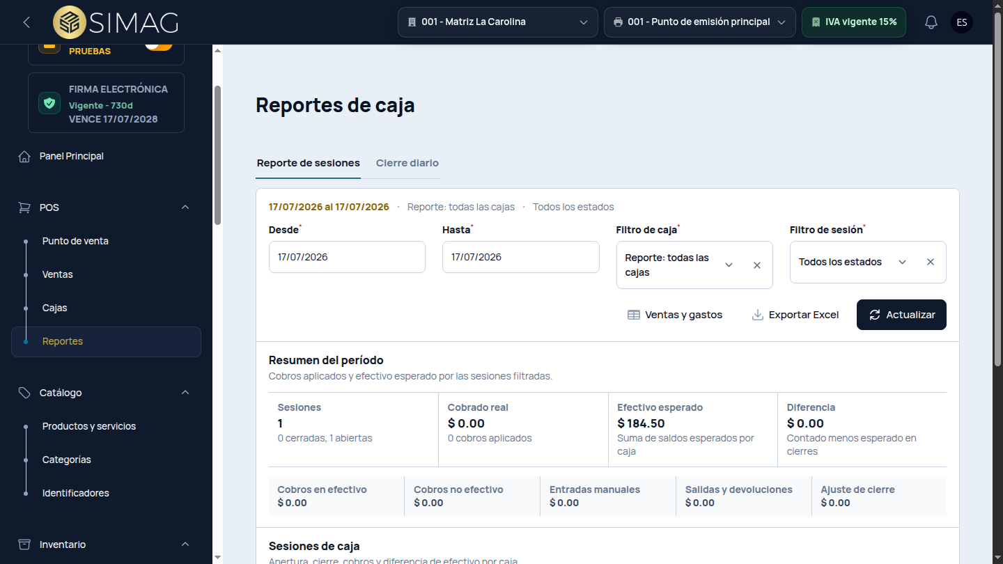 Reporte real de cierres y movimientos de caja en SIMAG