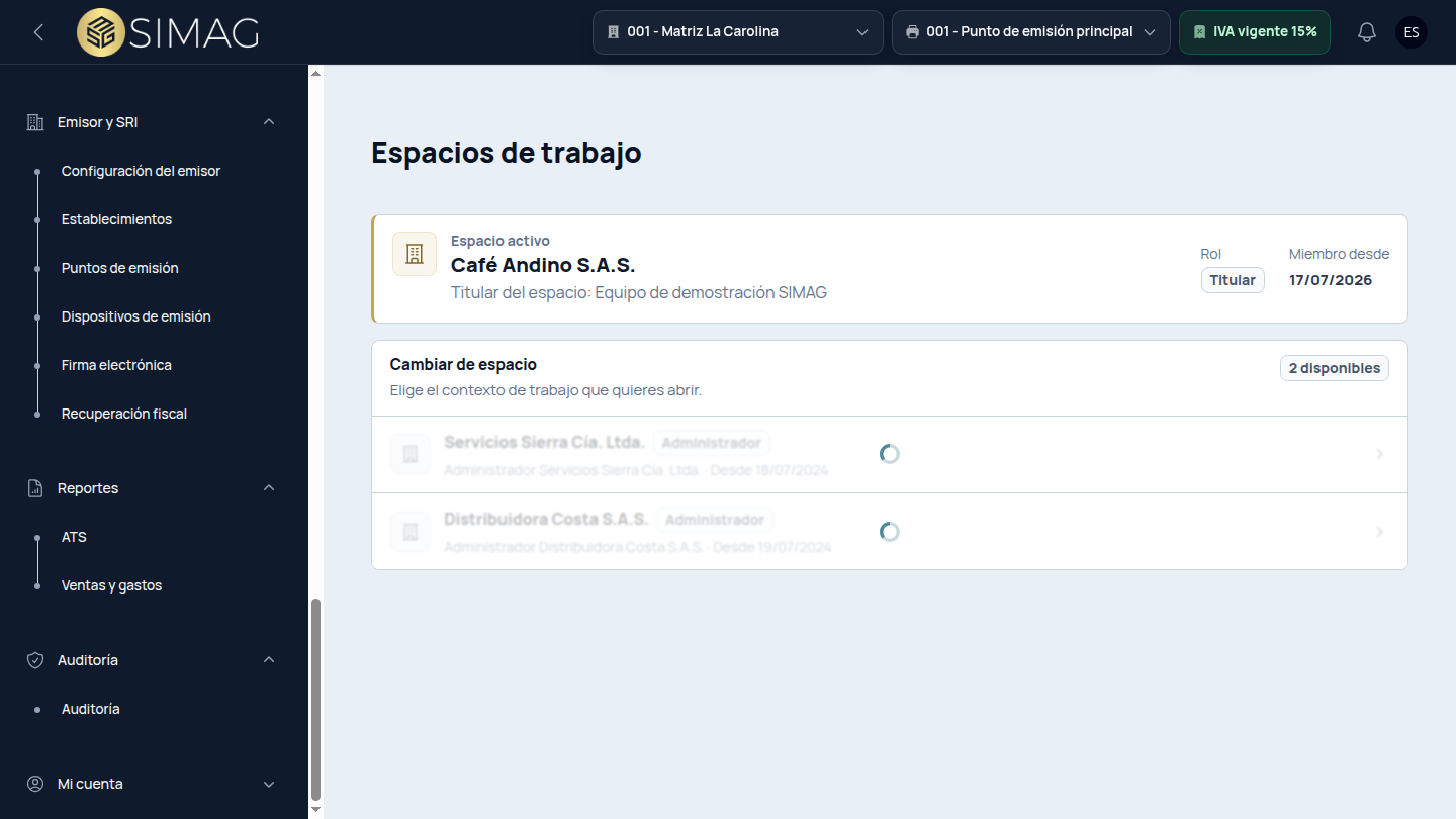 Selector real de empresas y RUC disponibles para un usuario de SIMAG